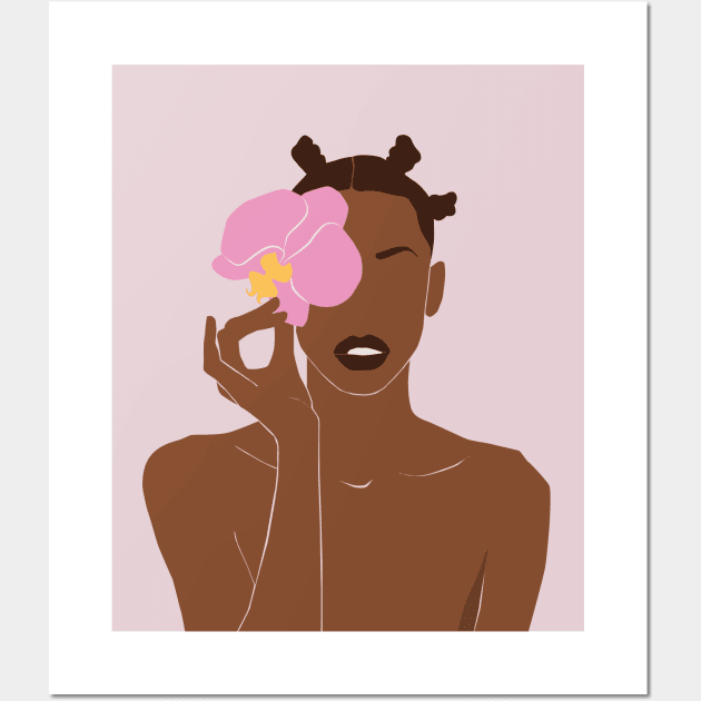 Black Woman Pink Orchid Flower Wall Art by JunkyDotCom